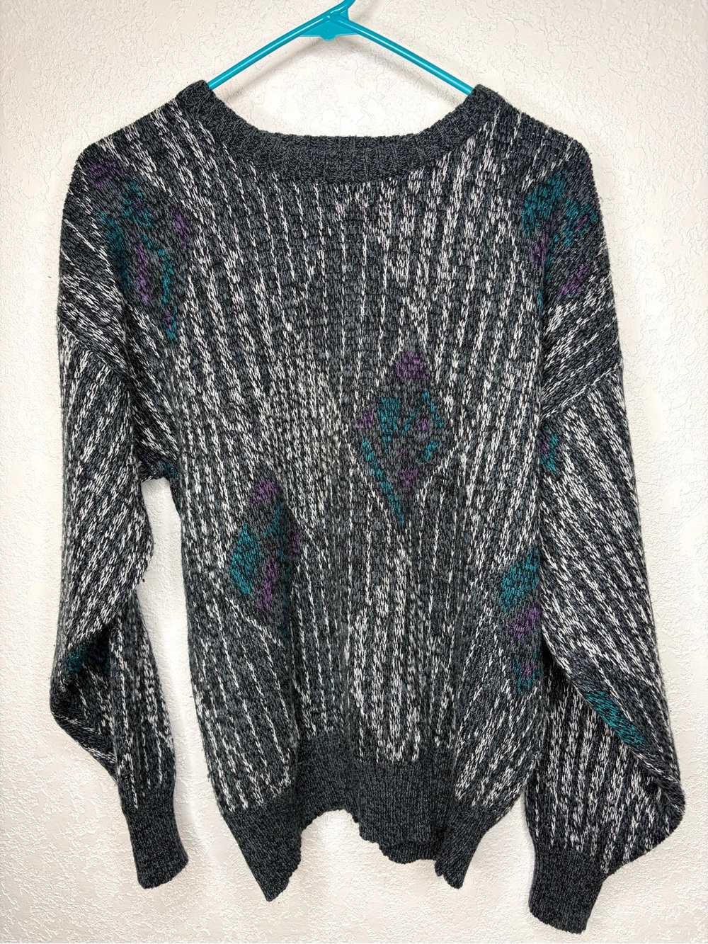 Vintage 90s Michael Gerald Sweater Gray Blue Geometric Knit Retro Dad Mens Large